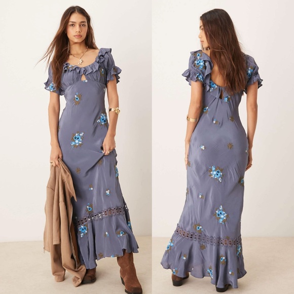 Free People Dresses & Skirts - Free People Dusty Blue Floral Ruffled Maxi Dress